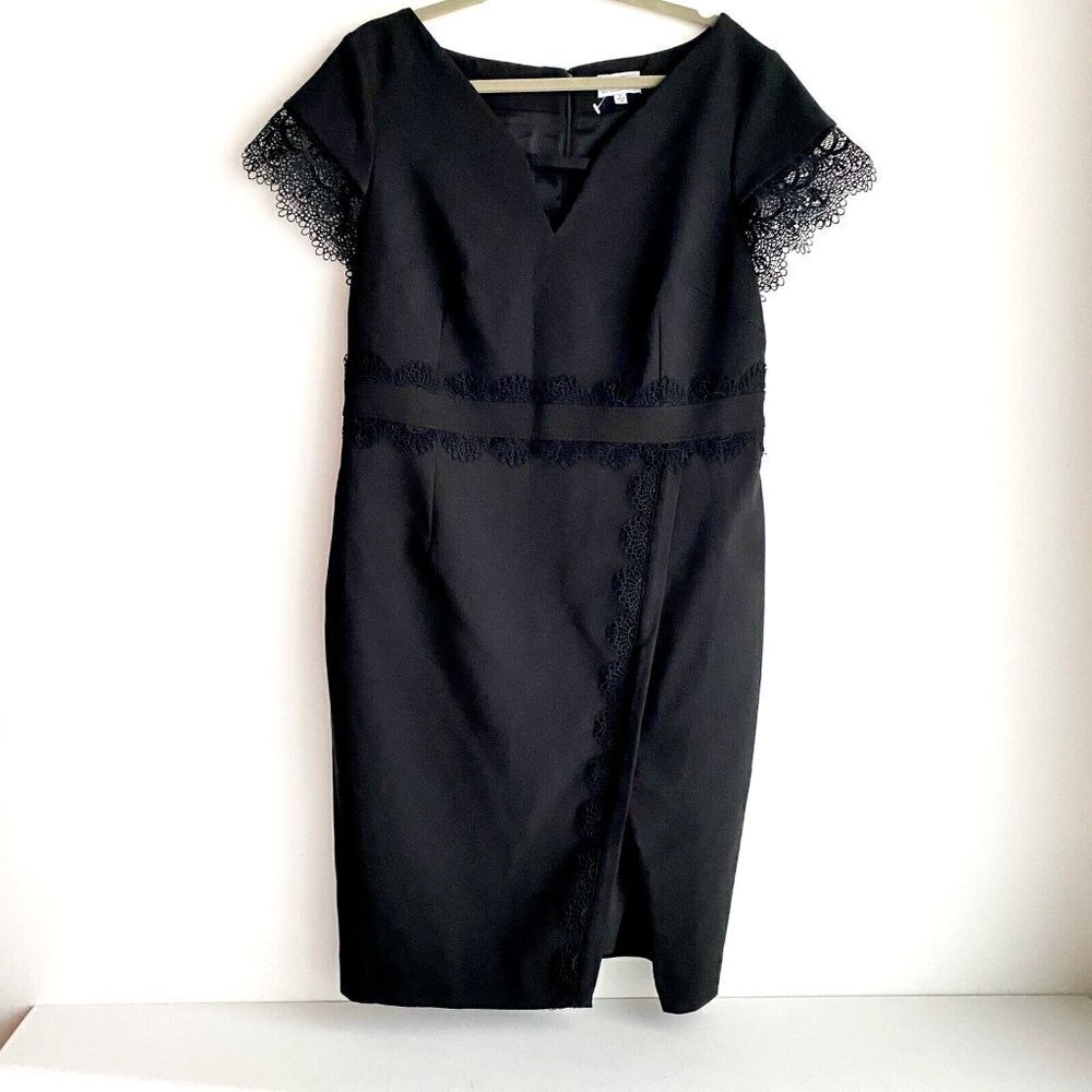 Sika Black Lace-Trim V-Neck Midi Dress with Cap Sleeves